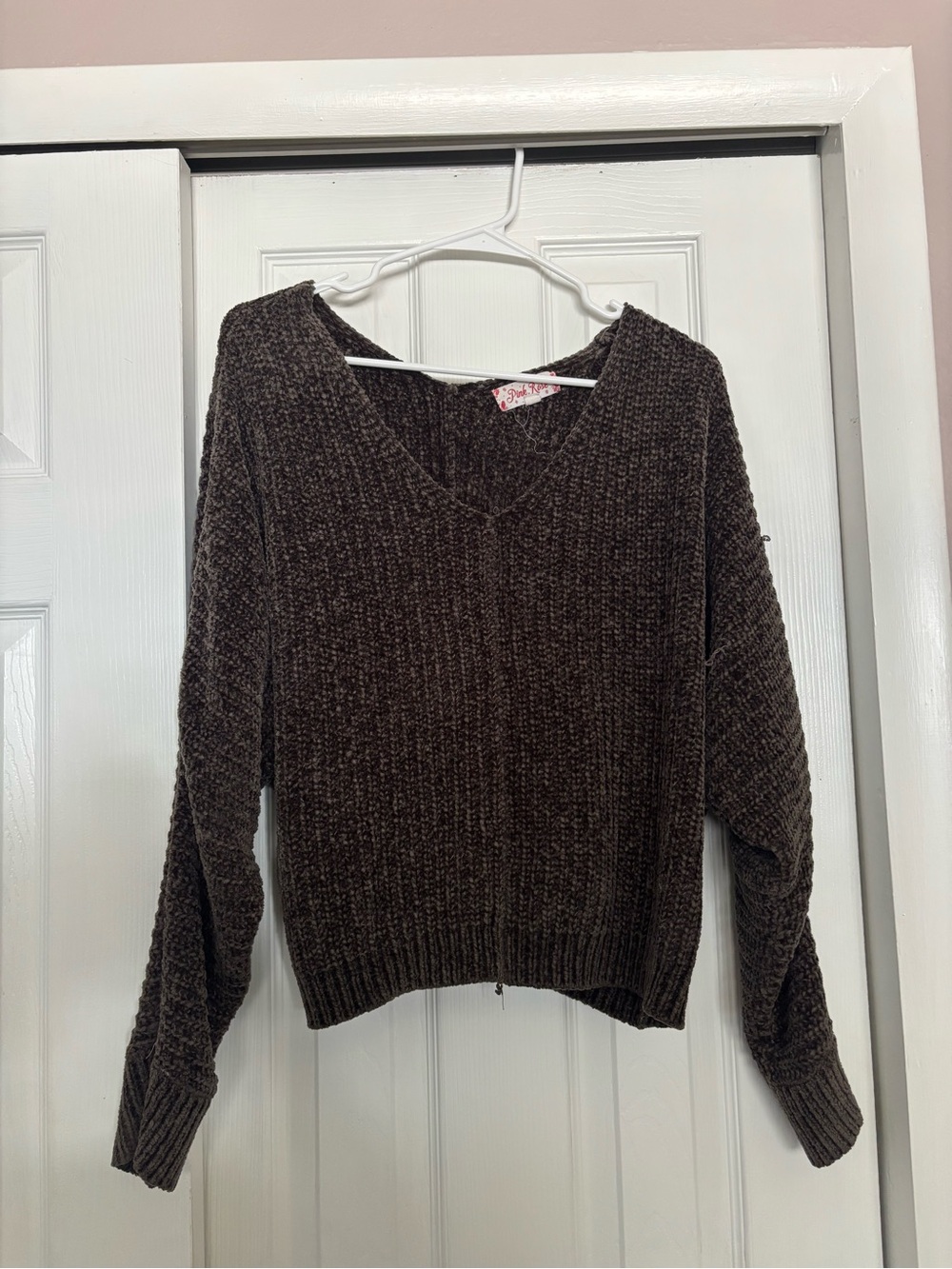 Pink Rose Chocolate Brown V-Neck Chenille Sweater